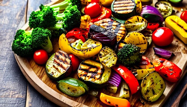 Foto gegrilltes gemüse auf hölzernem hintergrund gesundes essen bbq veganes essen