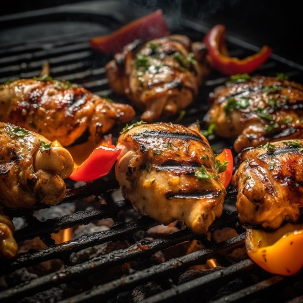 Gegrilltes Hähnchen auf einem Grill mit Flamme