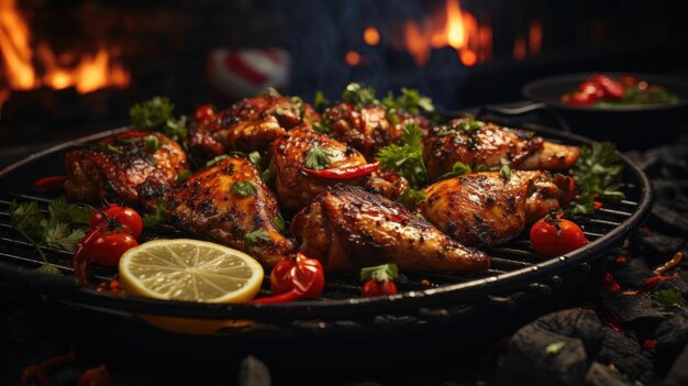 Gegrilltes Hähnchen mit Barbecue-Sauce auf schwarzem und verschwommenem Hintergrund