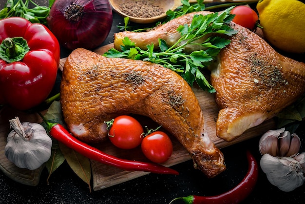 Gegrilltes Hähnchen mit Knoblauch, Zwiebeln, Paprika und Gewürzen auf schwarzem Holzhintergrund Freier Platz für Text Ansicht von oben