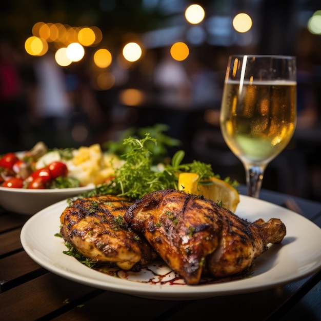 Gegrilltes Hähnchen und ein verschwommenes Getränk im Restaurant im Hintergrund