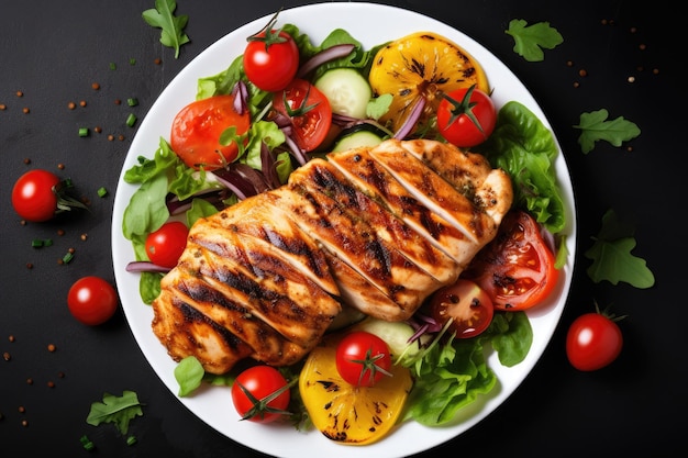 Foto gegrilltes hähnchen und frischer gemüsesalat gesunde ernährung draufsicht