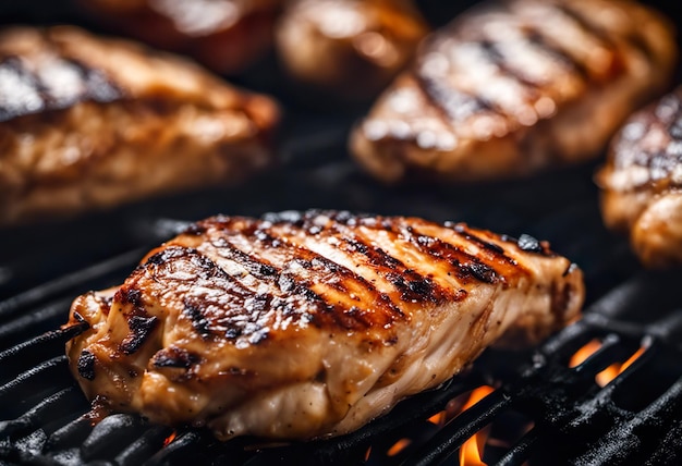 Gegrilltes Hühnerfilet auf dem Grill mit Flammen