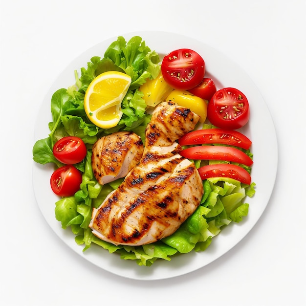 Gegrilltes Hühnerfleisch und frischer Gemüsesalat aus Tomatensalat und Spinat. Gesund und