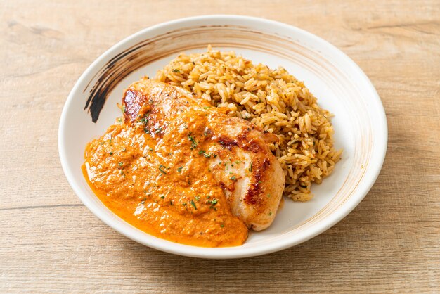 gegrilltes Hühnersteak mit roter Currysauce und Reis - muslimische Küche