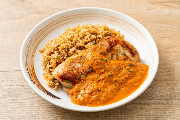 gegrilltes Hühnersteak mit roter Currysauce und Reis - muslimische Küche
