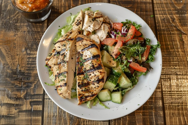 Foto gegrilltes huhn auf einem weißen teller mit einem salat