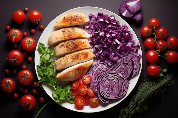 Gegrilltes Huhn mit roten Kohl, Tomaten und Kräutern auf dunkel