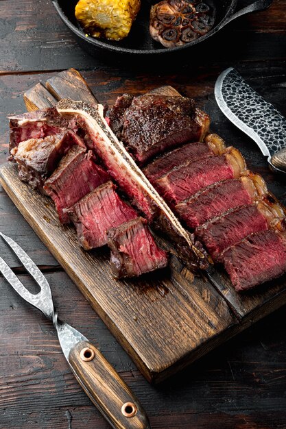 Gegrilltes, in Scheiben geschnittenes T-Bone-Steak-Set, auf einem hölzernen Servierbrett, auf einem alten dunklen Holztischhintergrund