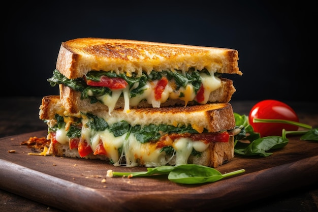 Gegrilltes Käsesandwich mit Spinat und Tomate auf Beton