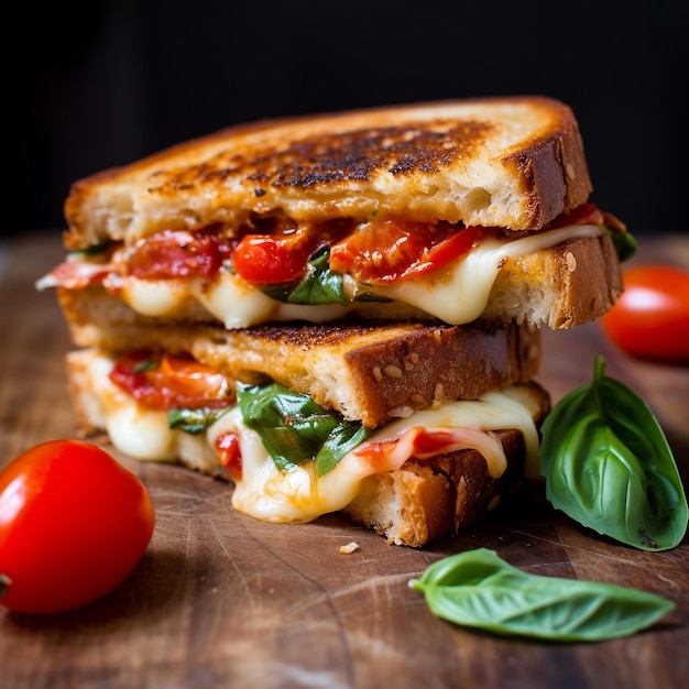 Gegrilltes Käsesandwich mit Tomaten und Basilikum Generative AI