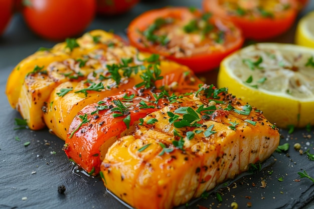 Gegrilltes Lachsfilet, garniert mit frischen Kräutern, Zitrone und Tomaten auf Schiefer, gesund und reich an Omega-3-Fettsäuren