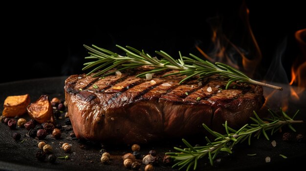 gegrilltes mittelgroßes Rippensteak mit Rosmarin und PfefferMacroAI Generative