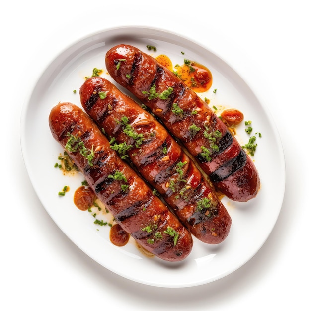 Gegrilltes portugiesisches Chorizo-Gericht auf Teller auf weißem Hintergrund direkt über der Ansicht