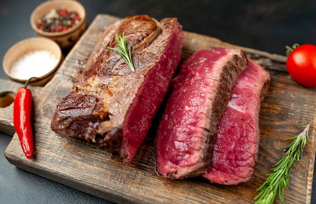 Gegrilltes Rib-Eye-Rindersteak mit Kräutern und Gewürzen auf Steinhintergrund