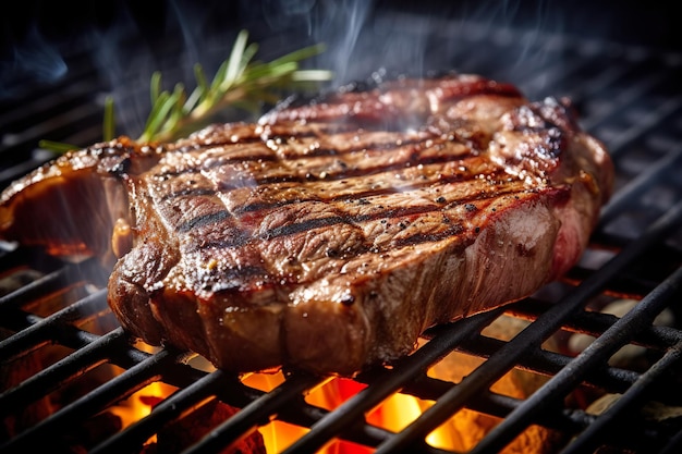 Gegrilltes Ribeye-Rindersteak mit Kräutern und Gewürzen auf einem dunklen Grill