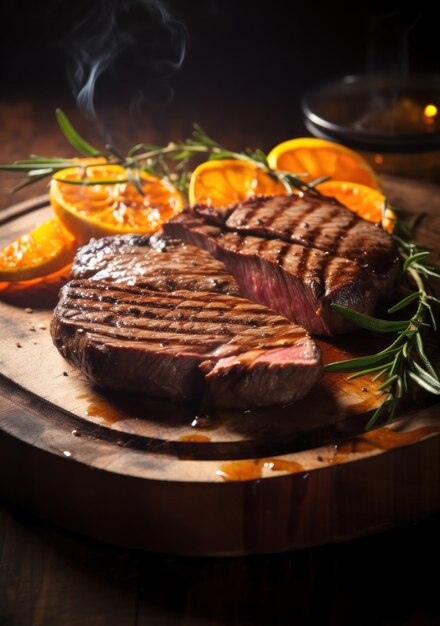 Foto gegrilltes ribeye-steak, gekocht auf einem holzbrett