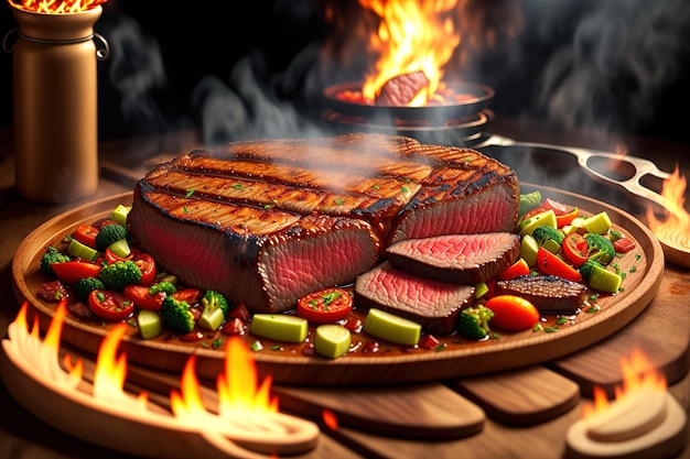 Gegrilltes Rindersteak mit Gemüse auf dem Flammengrill