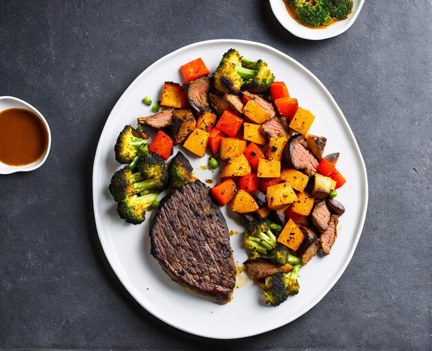 Gegrilltes Rindersteak mit Gemüse und Gewürzen auf einer Platte auf einer Draufsicht des weißen Hintergrundes Beschneidungspfad eingeschlossen