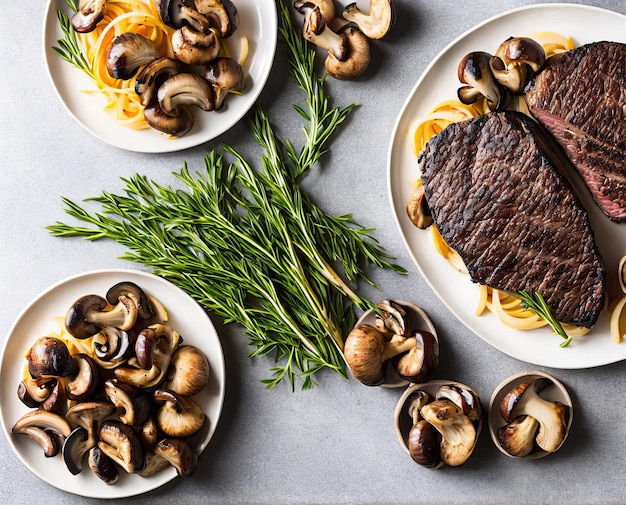 Gegrilltes Rindersteak mit Gemüse und Gewürzen auf einer Platte auf einer Draufsicht des weißen Hintergrundes Beschneidungspfad eingeschlossen