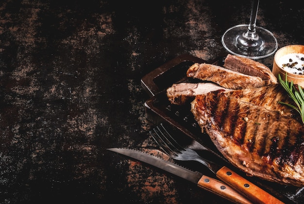 Gegrilltes Rindersteak mit Gewürzen auf Grillpfannenbrett, mit und Rotweinglas.