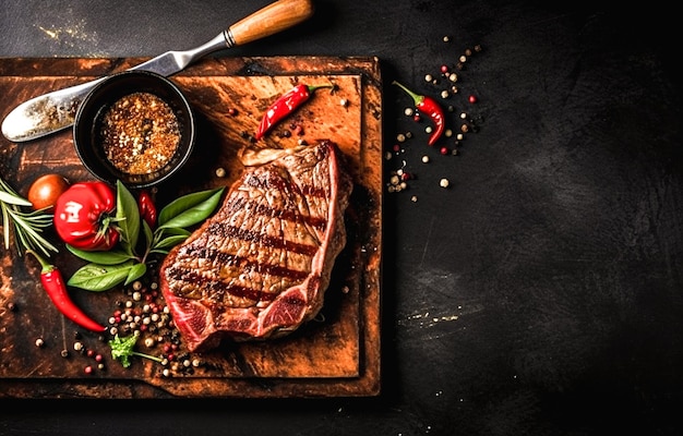 Gegrilltes Rindersteak mit Gewürzen und Kräutern auf einem Schneidebrett