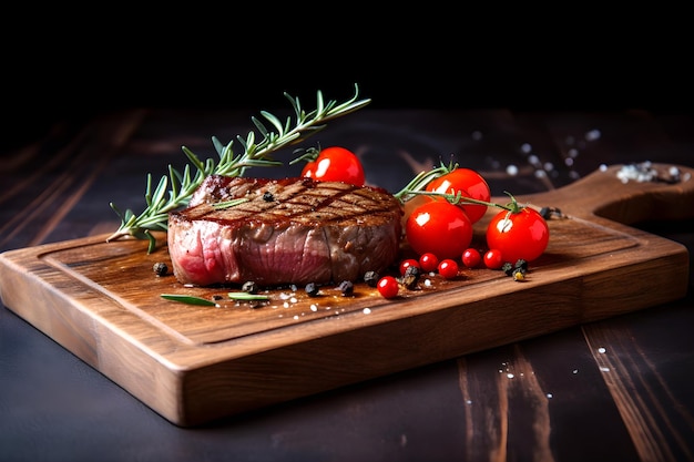 Gegrilltes Rindersteak mit Kirschtomaten auf Holzschneidebrett Generative KI