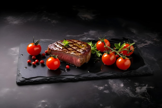 Gegrilltes Rindersteak mit Kirschtomaten auf schwarzer Steinplatte Generative AI