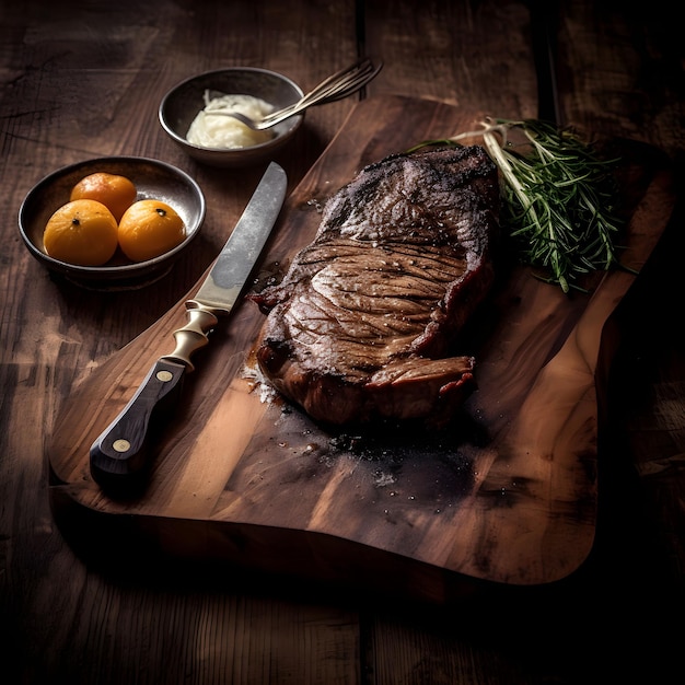 Gegrilltes Rindersteak mit Kräutern und Gewürzen auf einem dunklen Tisch