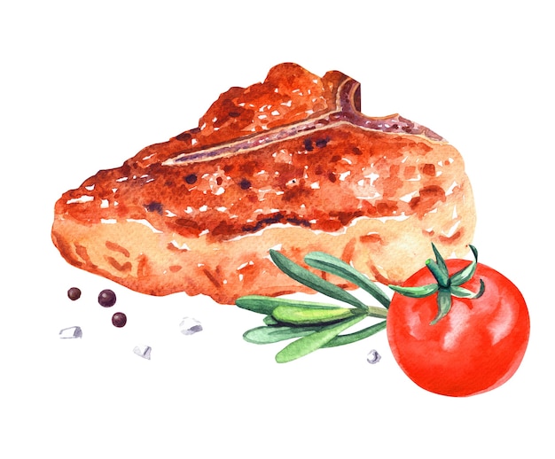 Gegrilltes Rindersteak mit Rosmarin, Champignons und Tomate. Gezeichnete Illustration des Aquarells Hand lokalisiert auf weißem Hintergrund.