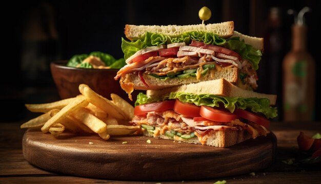 Foto gegrilltes rindfleisch-ciabatta-sandwich mit frischen tomaten und hausgemachter guacamole, hergestellt von ai