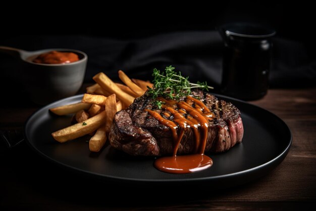 Foto gegrilltes rindfleisch mit pommes und soße auf schwarzer keramikplatte generative ki