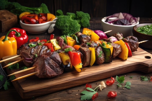 Gegrilltes Rindfleisch-Shishkabob auf Holzspieß, umgeben von bunten Gemüse- und Obstscheiben