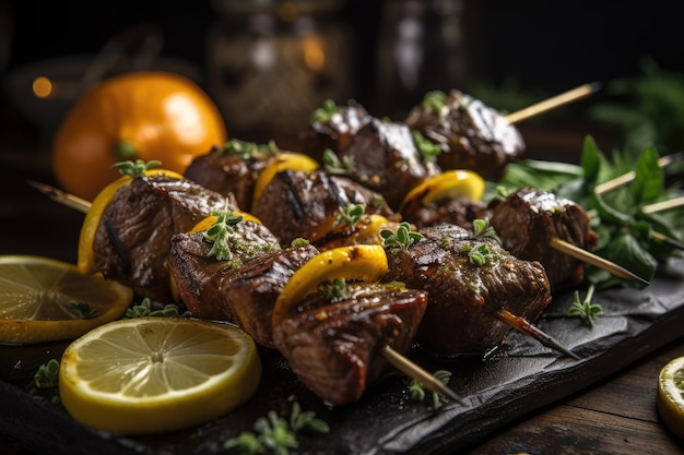 Gegrilltes Rindfleisch-Shishkabob mit pikanter Zitronen-Knoblauch-Marinade am Spieß, zubereitet mit generativer KI