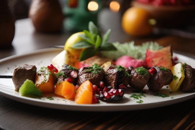 Gegrilltes Rindfleisch-Shishkabob mit verschiedenen saisonalen Früchten, Gemüse und Kräutern als Ergänzung zum Fleisch