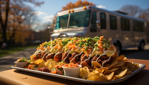 Foto gegrilltes rindfleisch, taco, frisches gemüse, outdoor-mahlzeit, erzeugt durch ki