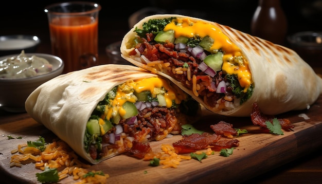 gegrilltes Rindfleisch-Taco mit Guacamole auf einem von künstlicher Intelligenz erzeugten hausgemachten Tortilla-Gericht