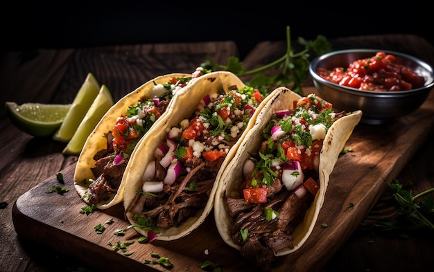 Gegrilltes Rindfleisch Tacos mit frischer Guacamole und Salsa Generative