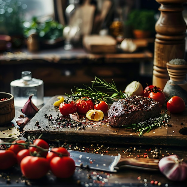 gegrilltes Rindfleischsteak mit Rosmarin und Gewürzen auf einem Holzbrett