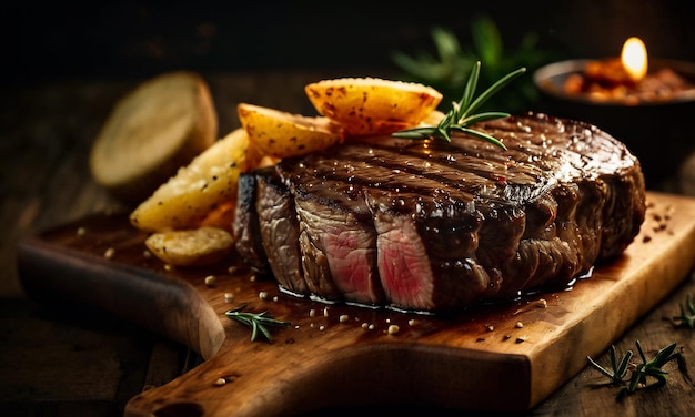 gegrilltes Rindfleischsteak mittel seltenes Steak auf Holzbrett ausgewählter Fokus