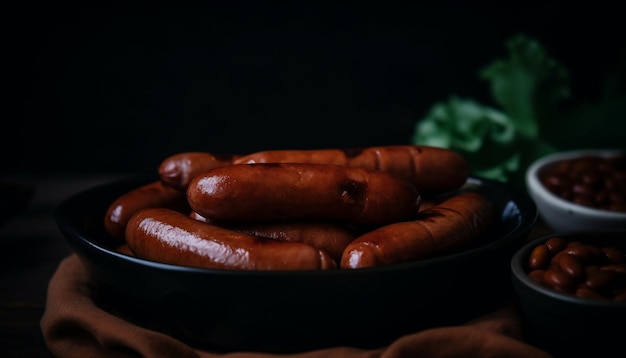 Gegrilltes Schweine- und Rindfleisch auf rustikalem Teller, erzeugt von KI