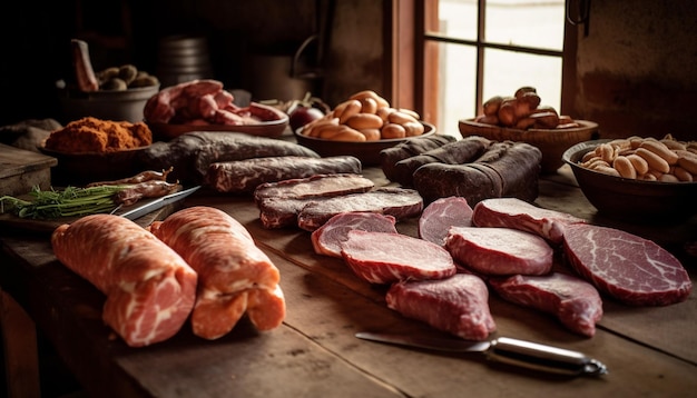 Gegrilltes Schweinefilet auf rustikalem Holztisch, generiert von AI