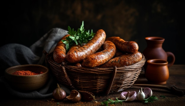 Gegrilltes Schweinefleisch auf einem rustikalen Holztisch Gourmetmahlzeit, erzeugt durch KI