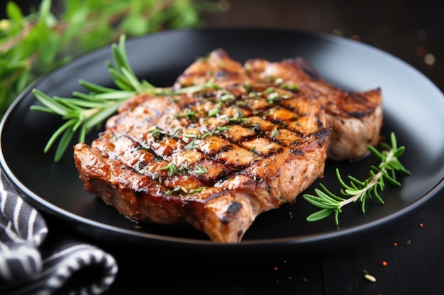 Foto gegrilltes schweinekotelett mit kräutern auf einem teller