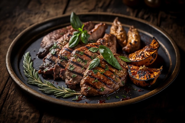 Gegrilltes Schweinesteak und Gemüse auf einem Teller in der Nähe Rinderfilet mit Rosmarinzweig und Basilikumblättern Seltene Roastbeef-Mahlzeit auf dunklem rustikalem Holzhintergrund