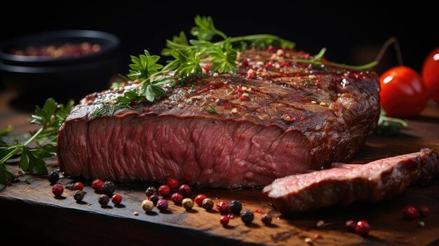 Foto gegrilltes steak mit geschmolzener grillsauce auf einem schwarzen und verschwommenen hintergrund