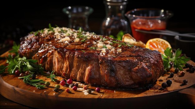 Gegrilltes Steak mit geschmolzener Grillsauce auf einem schwarzen und verschwommenen Hintergrund