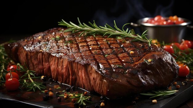 Foto gegrilltes steak mit geschmolzener grillsauce auf einem schwarzen und verschwommenen hintergrund