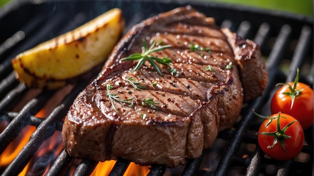 Foto gegrilltes steak mit kräutergarnierung auf dem barbecue