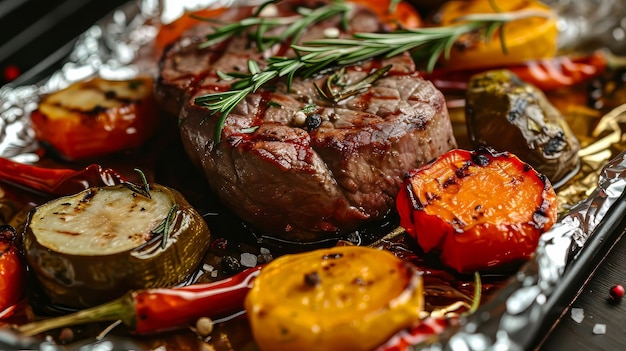 Foto gegrilltes steak und gemüse auf einer folienpfanne